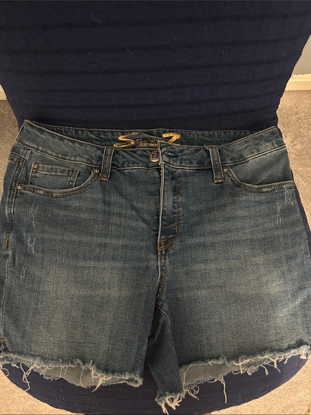 Seven7 Gold Script Embroidered Denim Waistband - Blue